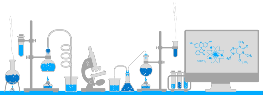 Tiefenbacher Group - Illustration of chemistry lab equipment, such as flasks, beakers, microscope, test tubes, and a computer screen showing chemical formulas—highlighting API distribution and finished dosage forms with blue liquid and accents.