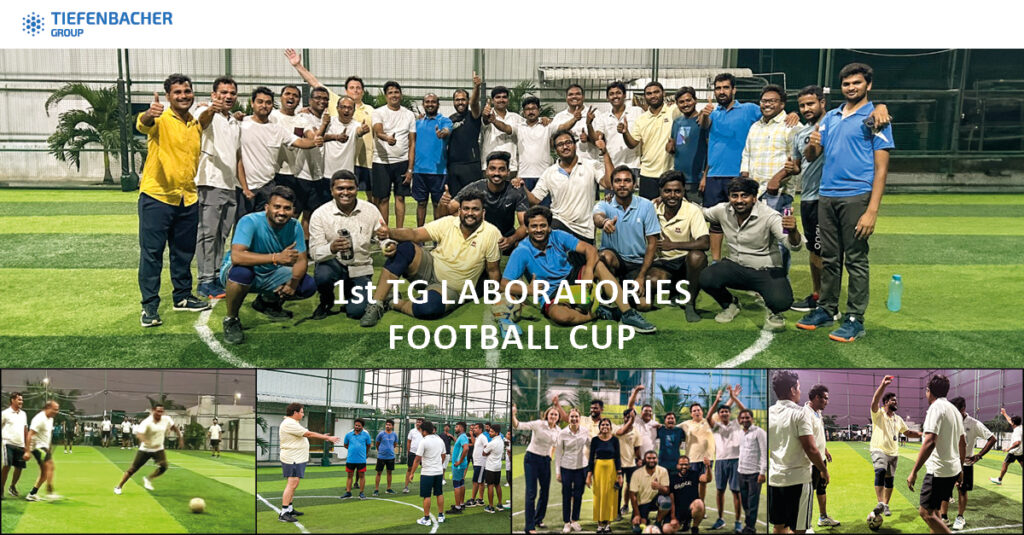 Tiefenbacher Group - A large group in sportswear smiles and poses on an indoor soccer field, celebrating the "1st TG Laboratories Football Cup," hosted by a family-owned pharmaceutical company. Below, smaller images feature match highlights and the trophy celebration.