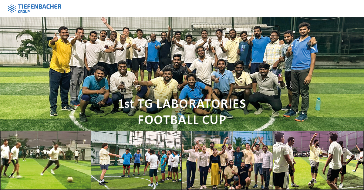 Tiefenbacher Group - A large group in sportswear smiles and poses on an indoor soccer field, celebrating the "1st TG Laboratories Football Cup," hosted by a family-owned pharmaceutical company. Below, smaller images feature match highlights and the trophy celebration.