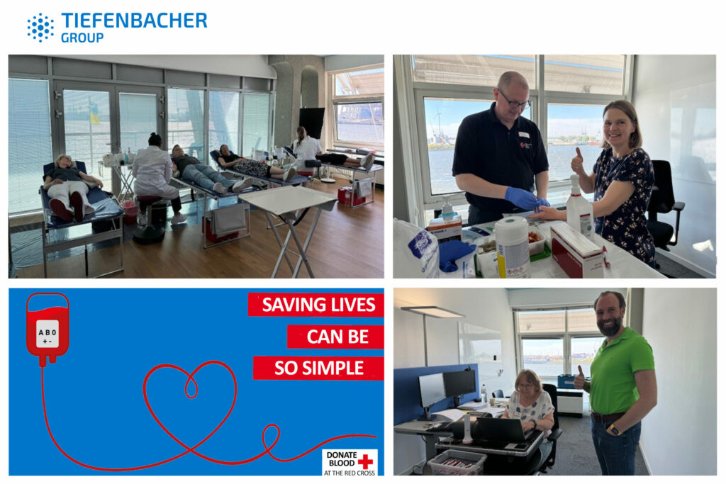 Tiefenbacher Group - A collage of four images shows people donating blood, staff preparing medical supplies, a man and woman smiling at a desk, and a graphic with a heart-shaped blood tube, highlighting the message, “Saving lives can be so simple. Donate blood.” API distribution supports this effort.