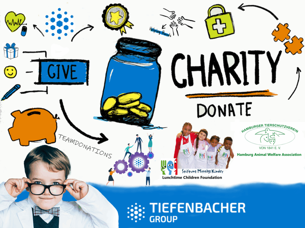 Tiefenbacher Group - A charity-themed collage featuring drawings of a donation jar, piggy bank, first aid kit, teamwork symbols, and the Tiefenbacher Group logo—a family-owned pharmaceutical company focused on patient-centric drug development.