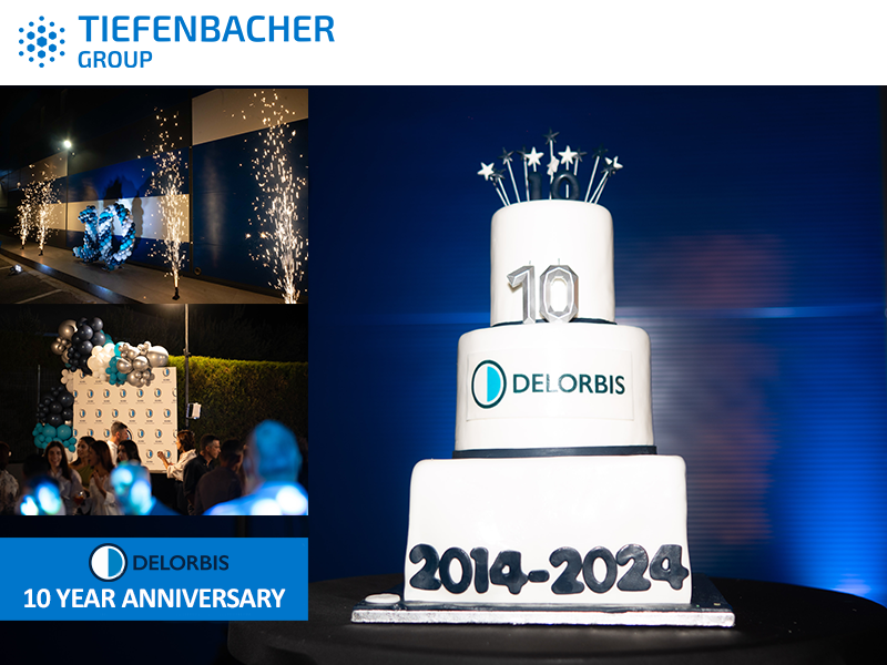 Tiefenbacher Group - A three-tier cake with "10" and "2014-2024" decorations celebrates Delorbis, a family-owned pharmaceutical company, on its 10-year anniversary. Fireworks, balloons, and a Delorbis backdrop appear in event photos with the Tiefenbacher Group logo.