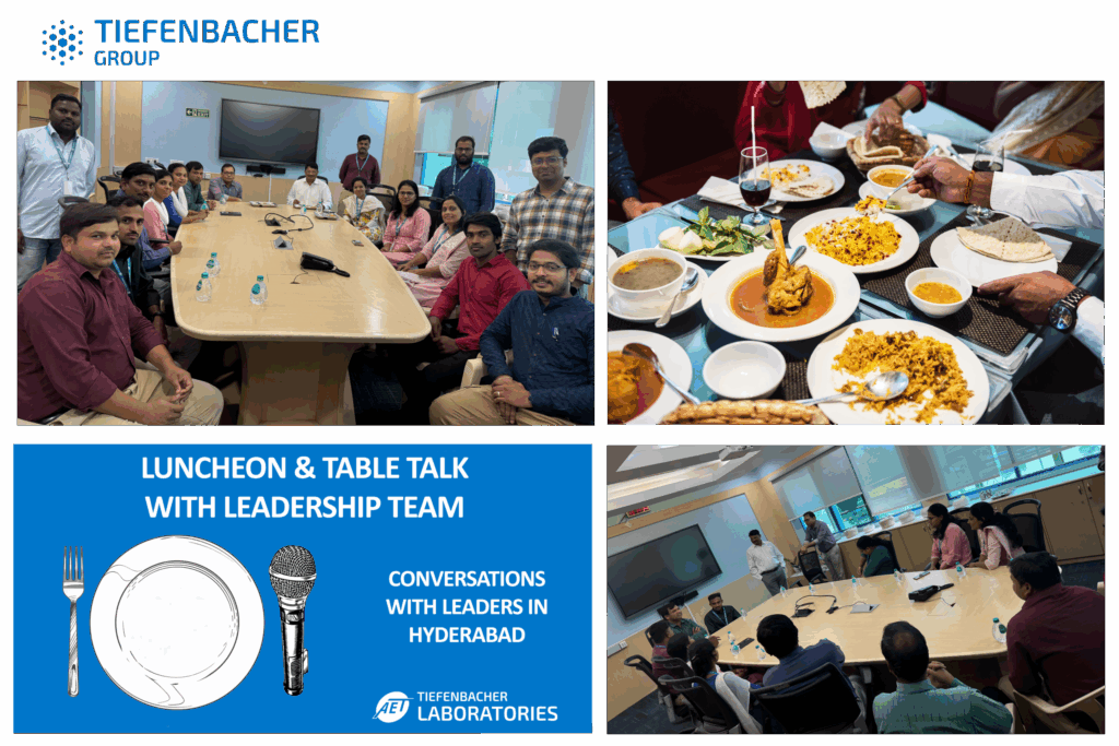 Tiefenbacher Group - A collage features a business luncheon: meeting scenes around a conference table, close-up of Indian food, and a graphic reading "Luncheon & Table Talk with Leadership Team—Conversations on pharmaceutical healthcare solutions in Hyderabad.