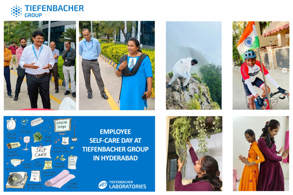 Tiefenbacher Group - A collage shows Tiefenbacher Group employees in Hyderabad, part of a family-owned pharmaceutical company, enjoying self-care activities like outdoor walks, climbing, cycling, yoga, cooking, and gardening for Employee Self-Care Day.