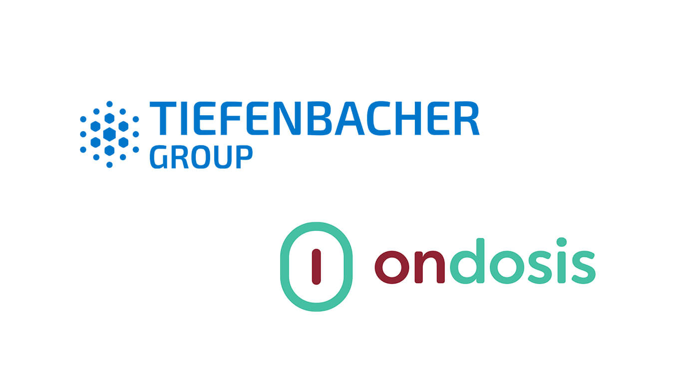 Tiefenbacher Group - Logos of Tiefenbacher Group (blue dots and text) and Ondosis (green and maroon text with a capsule icon) on a white background, representing leaders in patient-centric drug development and pharmaceutical healthcare solutions.