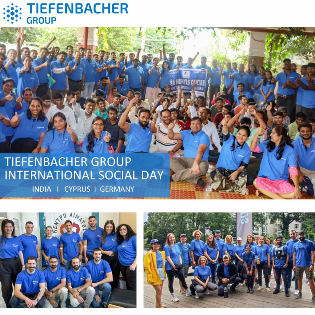 Tiefenbacher Group - Collage of three group photos showing diverse people in blue Tiefenbacher Group shirts smiling and posing at International Social Day events in India, Cyprus, and Germany—a family-owned pharmaceutical company known for generic medicines manufacturing.
