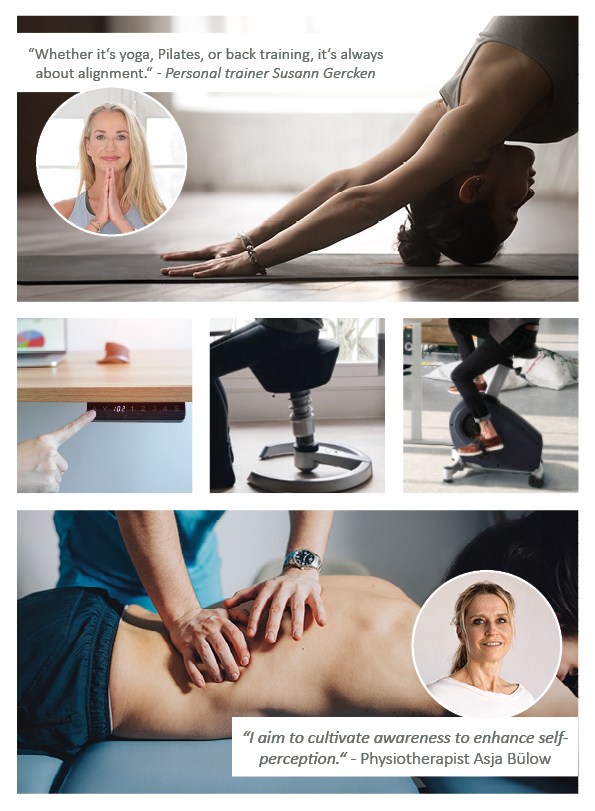 Tiefenbacher Group - A collage showing people doing yoga, cycling, using a massage gun, getting a back massage, and portraits of two women with quotes about alignment and self-perception from experts in a family-owned pharmaceutical company.