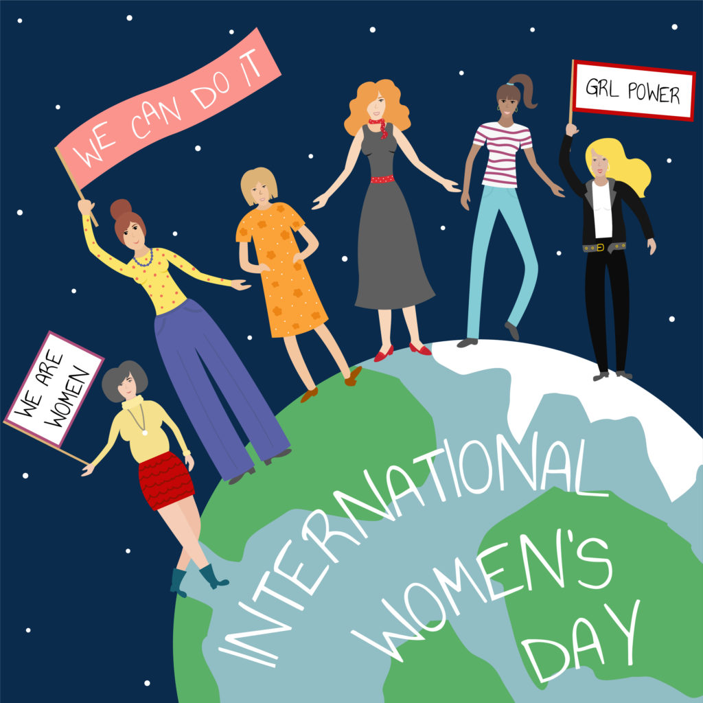Tiefenbacher Group - Illustration of five diverse women standing on a globe, holding signs that say "We can do it," "We are women," and "GRL POWER." The text "International Women's Day" is written on the world, celebrating patient-centric drug development in healthcare.